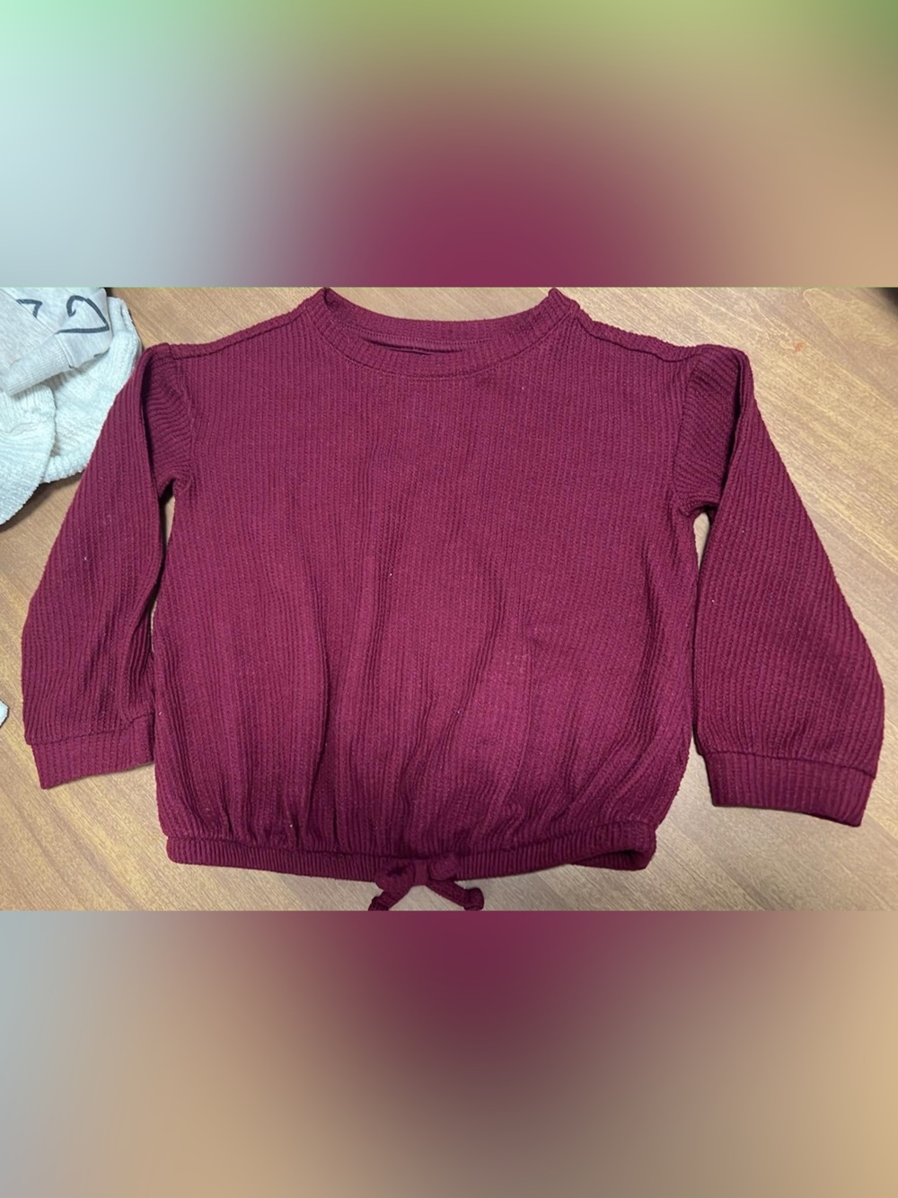 Girls' Maroon Long-Sleeve Knit Tee with Drawstring Hem
